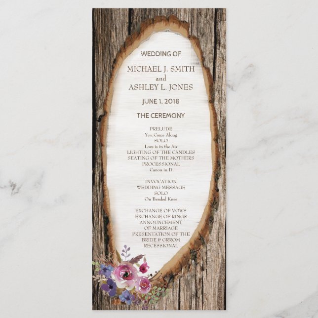 Tree Slice Stump with Flowers Wedding Program Programme (Front)