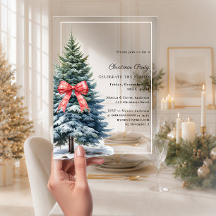 Tree snow red tartan bow clear Christmas Party Acrylic Invitations
