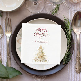 Tree snow white red script Christmas luncheon Napkin