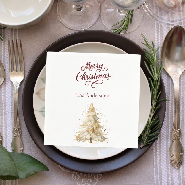 Tree snow white red script Christmas Napkin (Creator Uploaded)