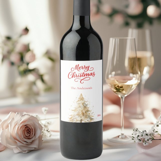 Tree snow white red script Christmas Wine Label (Creator Uploaded)