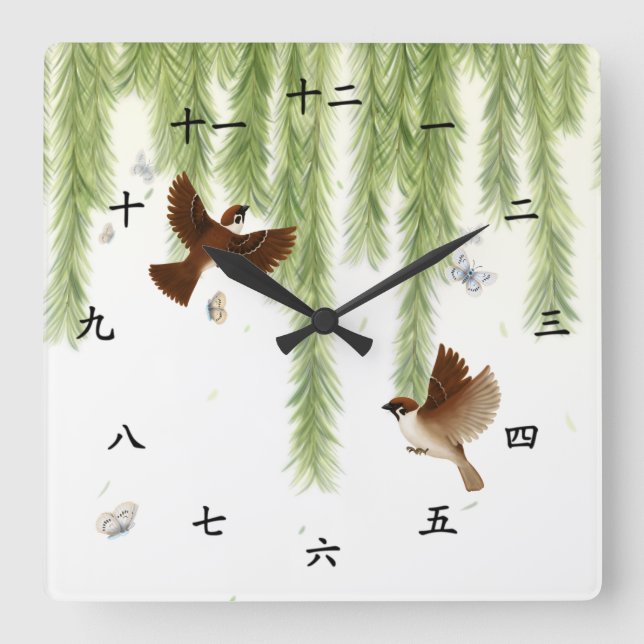 Tree Sparrows Kanji Numbers Chinese & Japanese Squ Square Wall Clock (Front)
