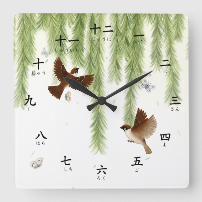 Tree Sparrows Kanji Numbers with Hiragana Square W Wall Clock (Front)