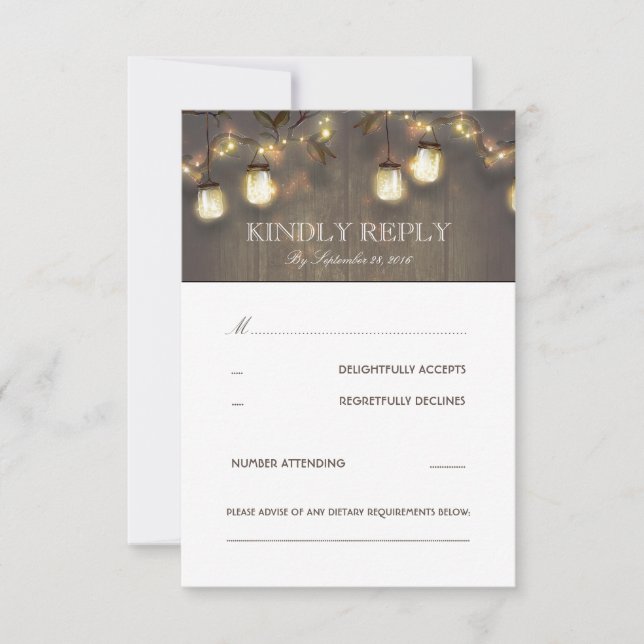 Tree String Lights Mason Jars Rustic Wedding RSVP Card (Front)