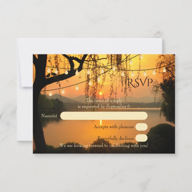 Tree String Lights Sunset Wedding RSVP Card (Front)