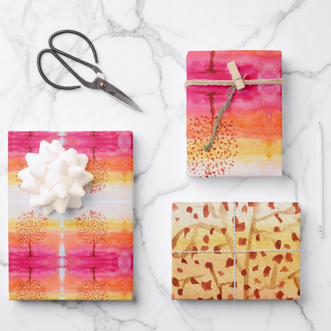 Tree Sunset Watercolor Hand Painted Wrapping Paper Sheet (Front)