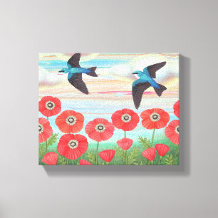 tree swallows and poppies canvas print