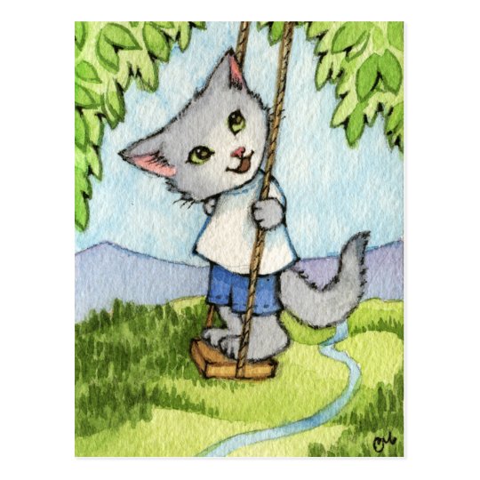 Tree Swing - Cute Cat Art Postcard