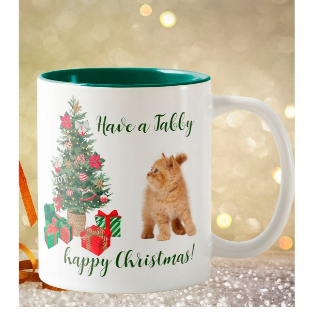 Tree Tabby Cat Happy Christmas Two-Tone Coffee Mug (Creator Uploaded)