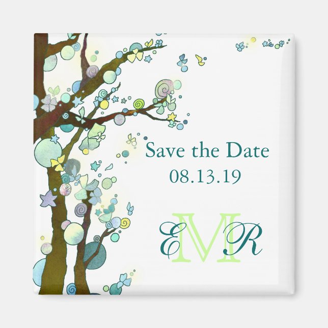 Tree Themed White Wedding Save the Date Magnet (Front)