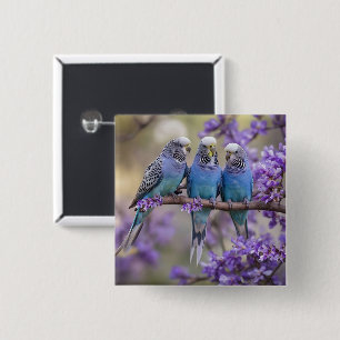 Tree Top Chatter: Blue Budgies In Jacaranda Tree, 15 Cm Square Badge