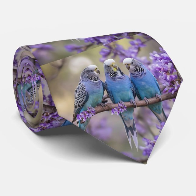 Tree Top Chatter: Blue Budgies In Jacaranda Tree, Tie (Rolled)