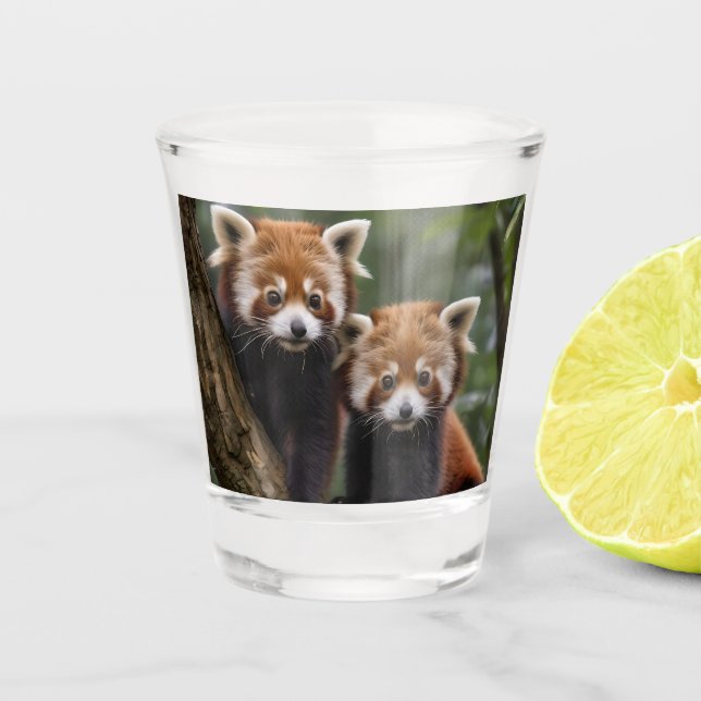 "Tree-top Explorers: Baby Red Pandas Looking Out Shot Glass (Front)