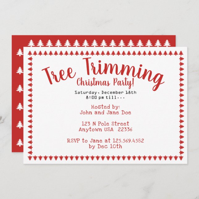 Tree Trimming Christmas Party Red/White Fonts Invitation (Front/Back)