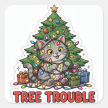 Tree Trouble Sticker — Grey Tabby Kitten Christmas
