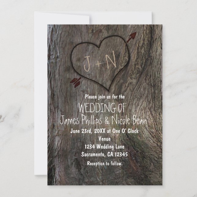 Tree Trunk + Carved Heart Wedding Invitations (Front)