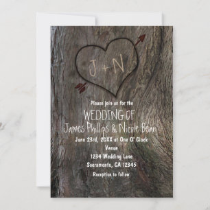Tree Trunk + Carved Heart Wedding Invitations