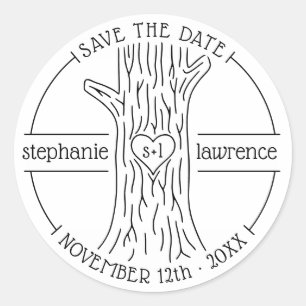 Tree Trunk Initials   Rustic Wedding Save The Date Classic Round Sticker