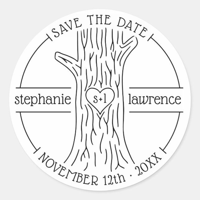 Tree Trunk Initials | Rustic Wedding Save The Date Classic Round Sticker (Front)