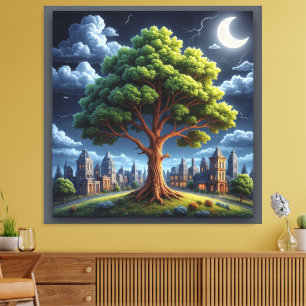 Tree Under Moonlight in a Tranquil Urban Setting Canvas Print