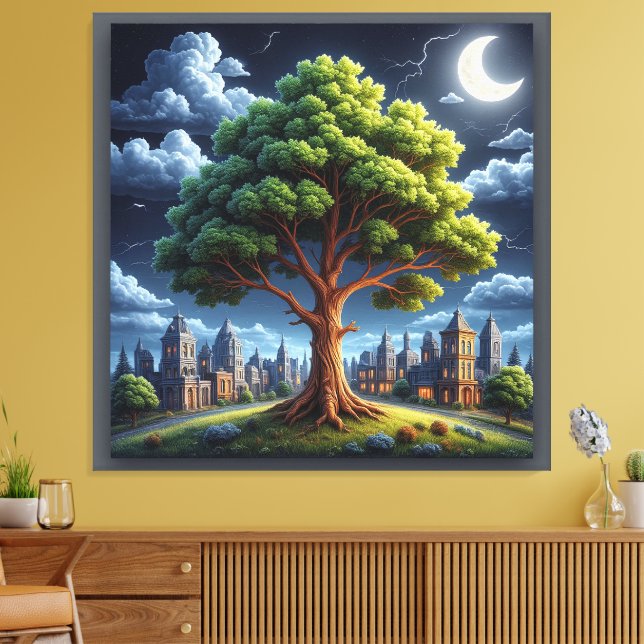 Tree Under Moonlight in a Tranquil Urban Setting Canvas Print (Insitu(LivingRoom))