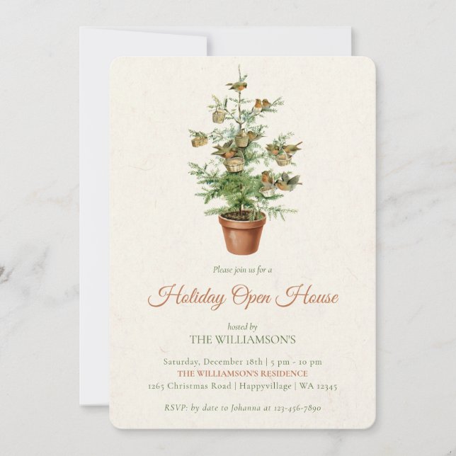 Tree with Birds Christmas Open House Invitation (Front)
