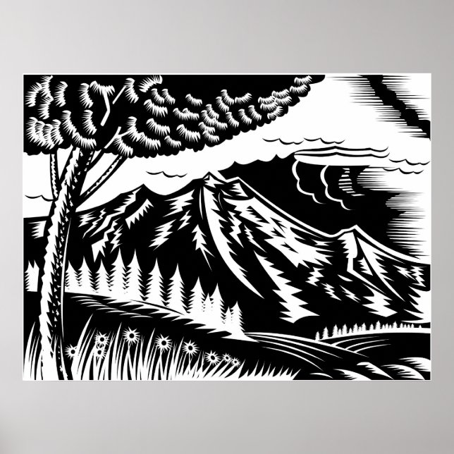 tree with mountain in background woodcut poster (Front)