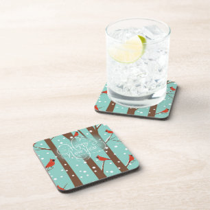 Tree With Orange Birds and Beautiful Snowflakes Coaster