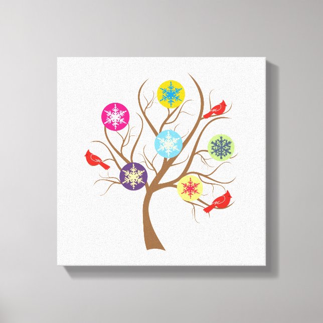 Tree with snowflakes and cardinals modern canvas print (Front)