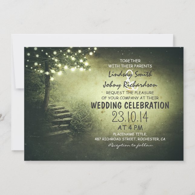 tree with string lights green rustic wedding invitation (Front)