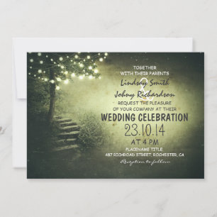 tree with string lights green rustic wedding invitation