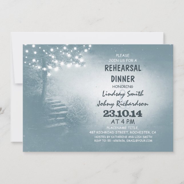 tree with string lights rustic rehearsal dinner invitation (Front)