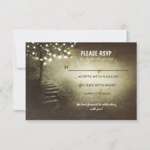 tree with string lights rustic wedding RSVP cards