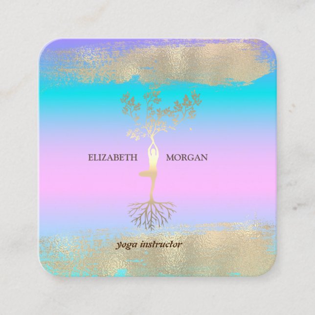Tree Women Gold Brush Stroke Holographic Yoga Square Business Card (Front)