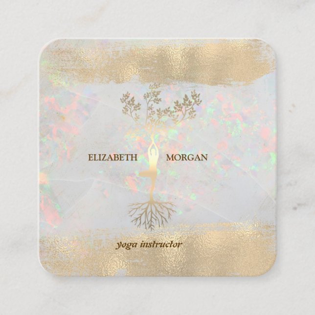 Tree Women Silhouette Brush Stroke Yoga Opal Square Business Card (Front)