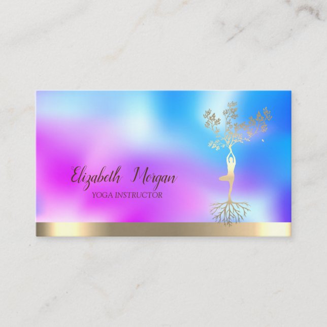 Tree Women Silhouette Holographic Yoga Instructor Business Card (Front)