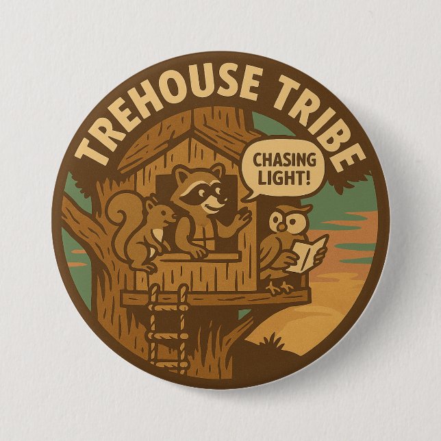 Treehouse Tribe Racoon Squirrel Owl Chasing Light 7.5 Cm Round Badge (Front)