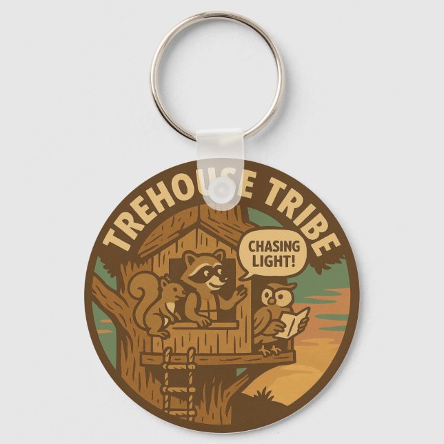 Treehouse Tribe Racoon Squirrel Owl Chasing Light Key Ring (Front)