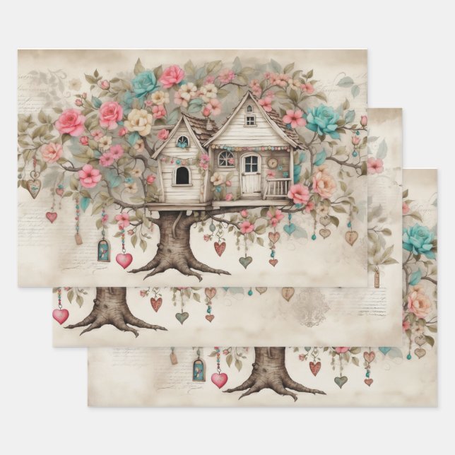 Treehouse with flowers wrapping paper sheet (Set)