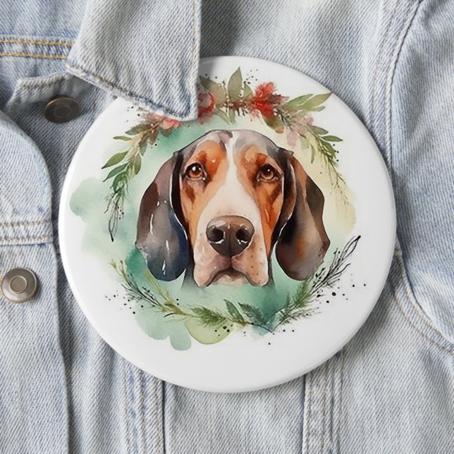 Treeing Walker Christmas Wreath Festive Pup  6 Cm Round Badge (In Situ)
