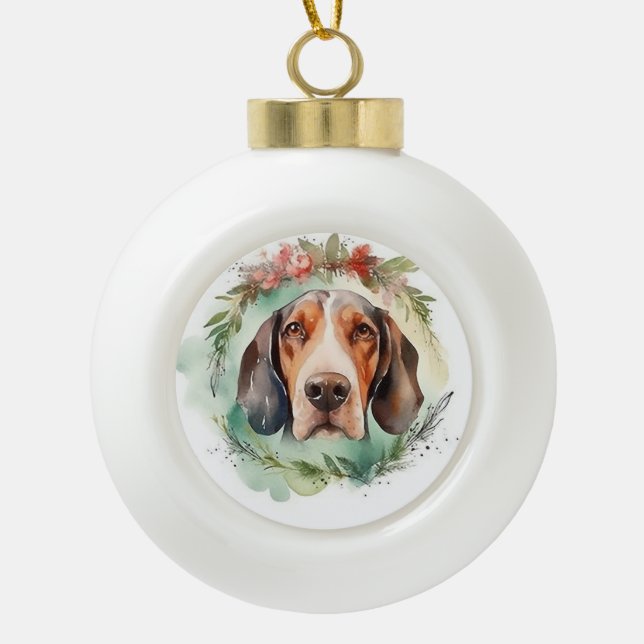 Treeing Walker Christmas Wreath Festive Pup  Ceramic Ball Christmas Ornament (Front)