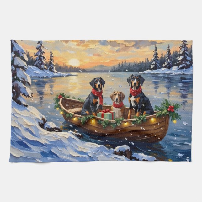 Treeing Walker Coonhound Christmas Boat Holiday Tea Towel (Horizontal)