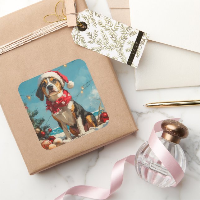 Treeing Walker Coonhound Christmas Vintage Beach  Square Sticker (Gifting)