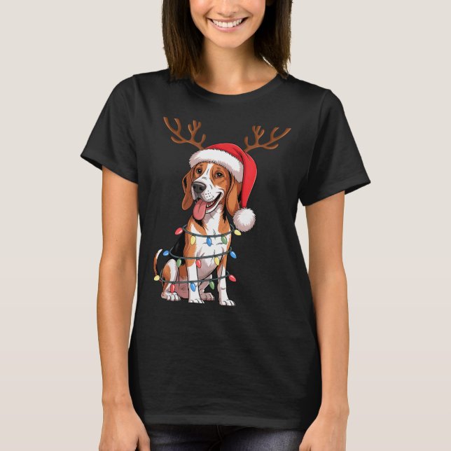 Treeing Walker Coonhound Dog Christmas Lights Sant T-Shirt (Front)