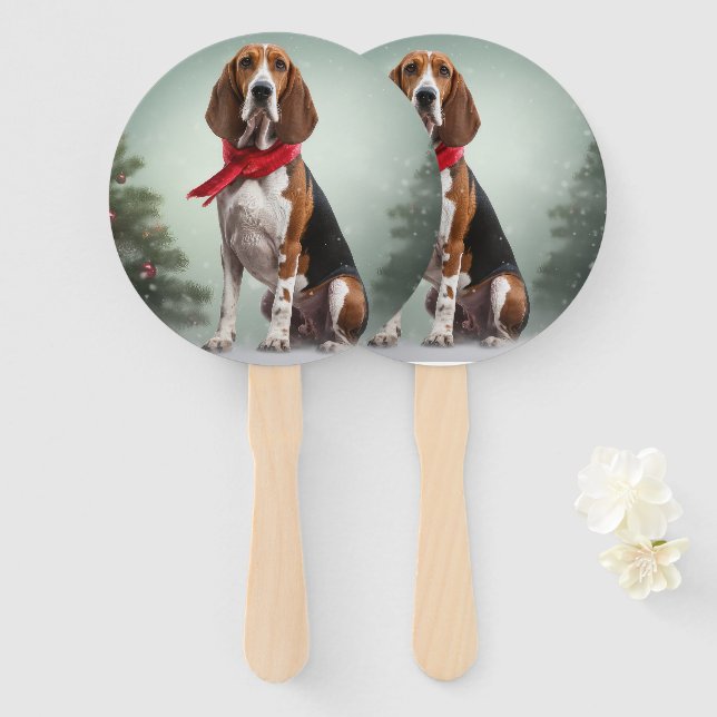 Treeing Walker Coonhound Dog in Snow Christmas Hand Fan (Front and Back)
