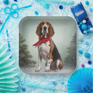 Treeing Walker Coonhound Dog in Snow Christmas Paper Plate