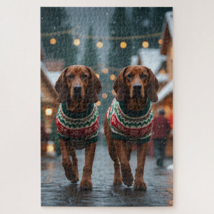 Treeing Walker Coonhound Dogs Christmas Snow  Jigsaw Puzzle