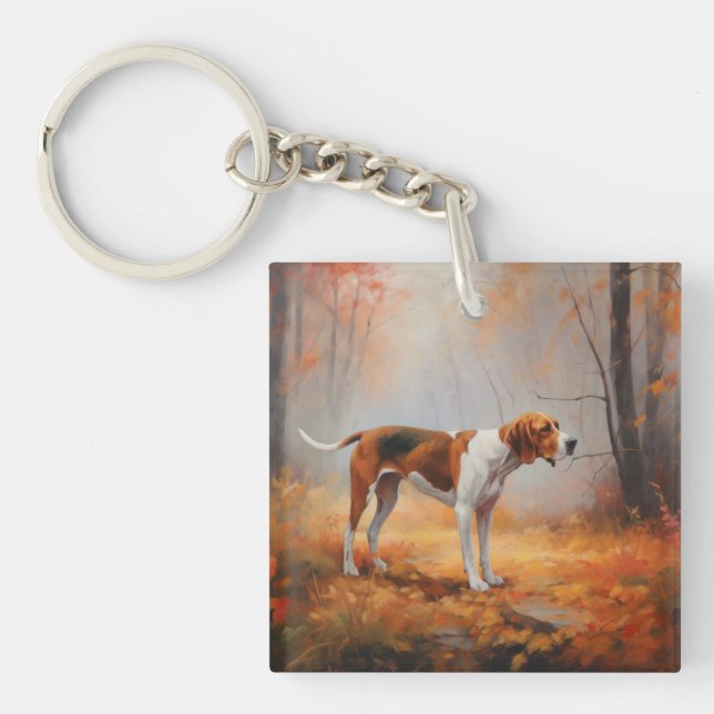 Treeing Walker Coonhound in Autumn Leaves Fall  Key Ring (Front)