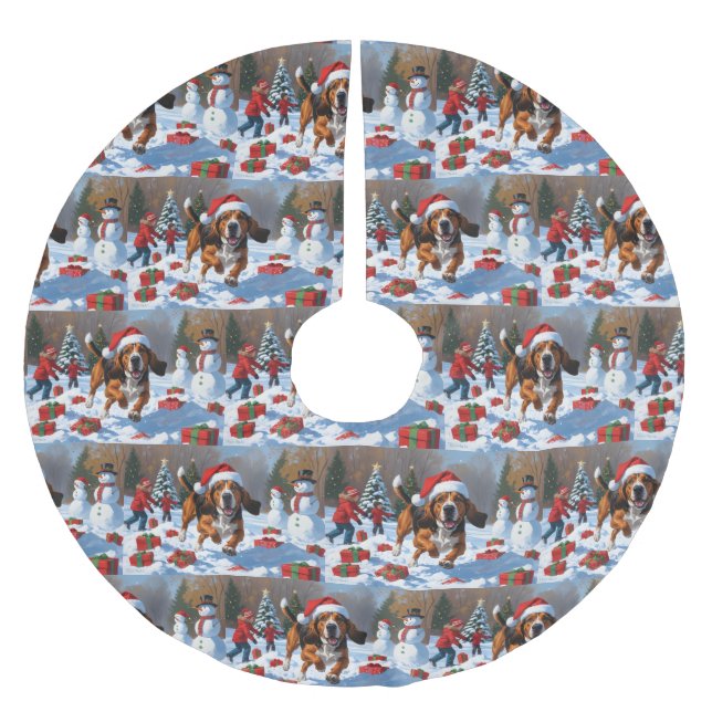 Treeing Walker Coonhound Snow with Christmas Hat Brushed Polyester Tree Skirt (Front)