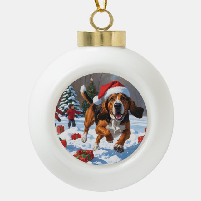 Treeing Walker Coonhound Snow with Christmas Hat Ceramic Ball Christmas Ornament (Front)